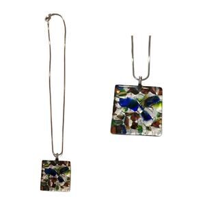Vintage Murano Fused Glass Pendant Necklace: Inlaid with Foil Accents